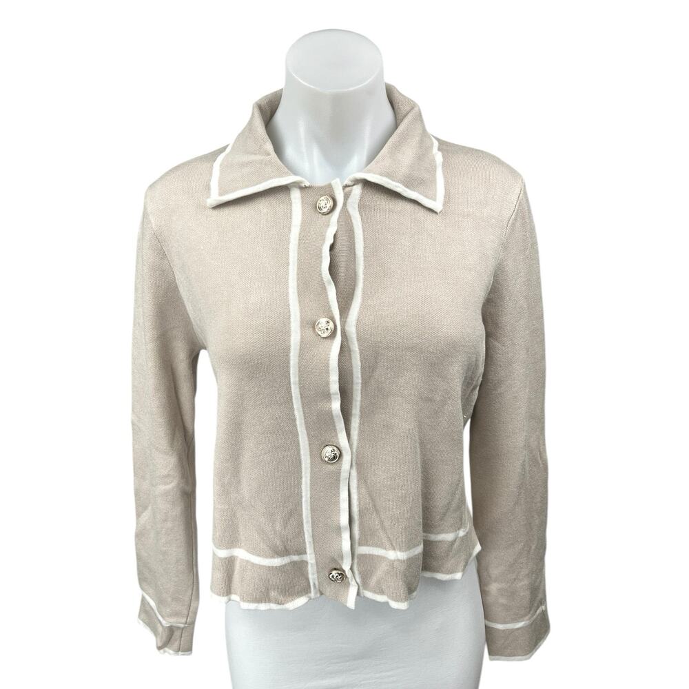 Tahari Cewam White Knit Long Sleeve Button Down Collar Cardigan Sweater Top Sz S